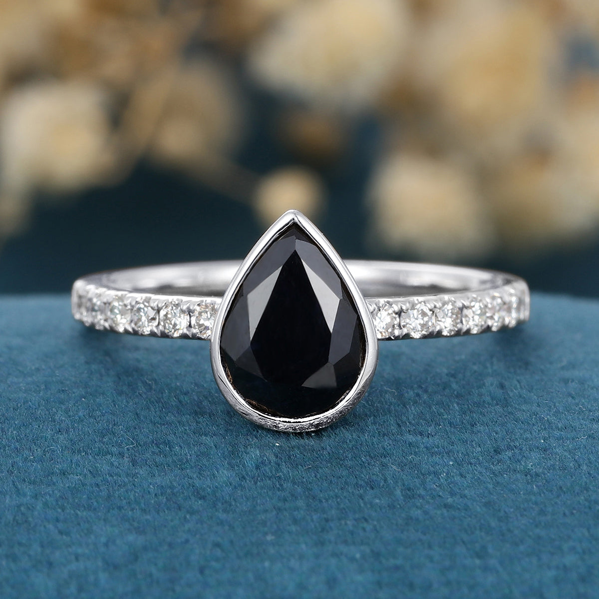 Bezel Set Pear cut Black Onyx Half Eternity Gold Engagement Ring