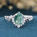 Nature Inspired Pear cut Moss Agate Leaf Gold Engagement Ring