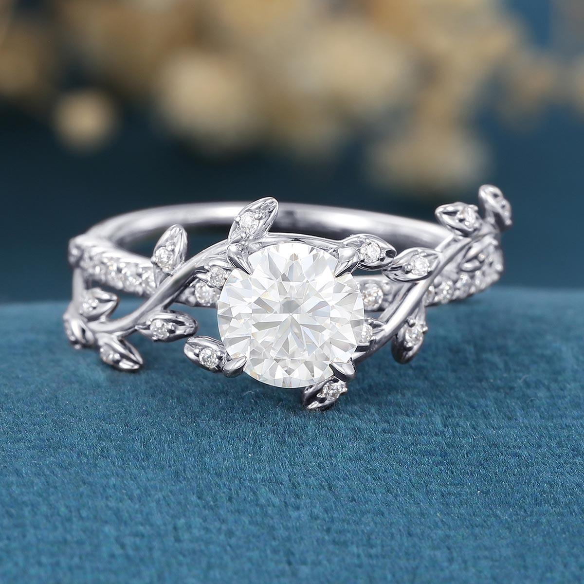 Nature Inspired Round cut Moissanite Leaf Gold Engagement Ring