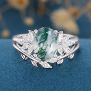 Natural Green Moss Agate 2PCS Oval Cluster Engagement Ring Bridal Sets