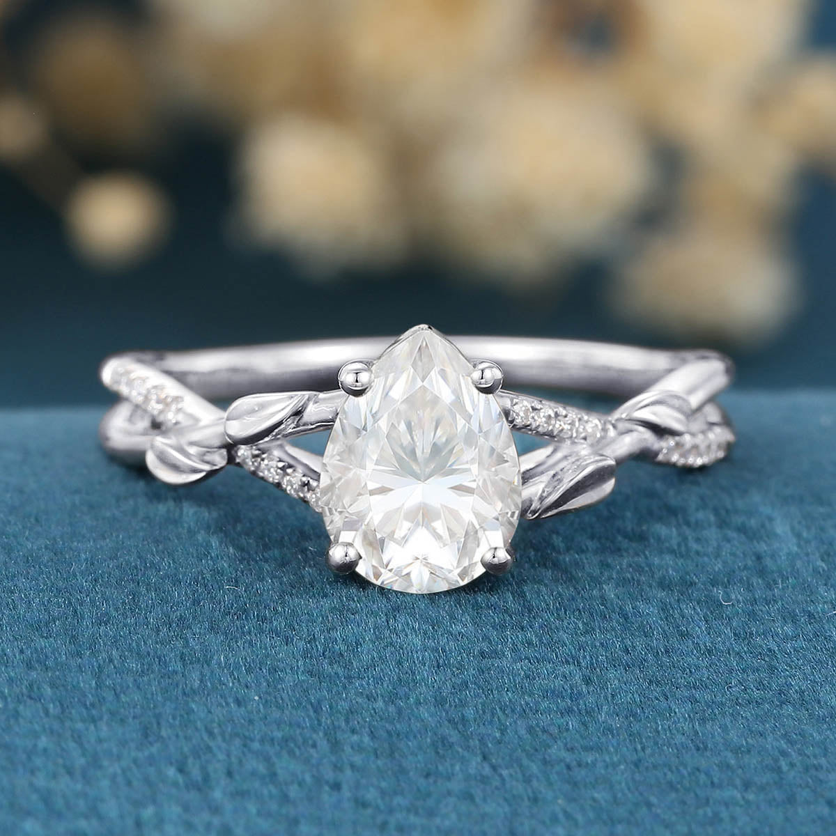 Nature Inspired Pear cut Moissanite Leaf Gold Engagement Ring