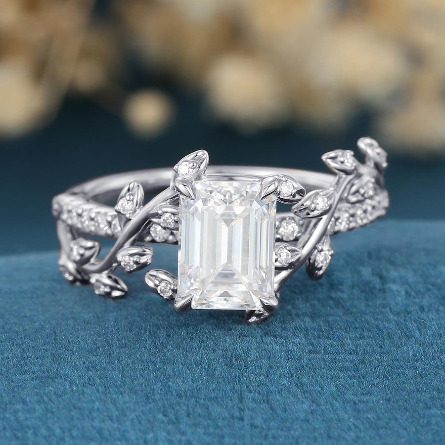 Copy of Nature Inspired Emerald cut Moss Agate Leaf Gold Engagement Ring