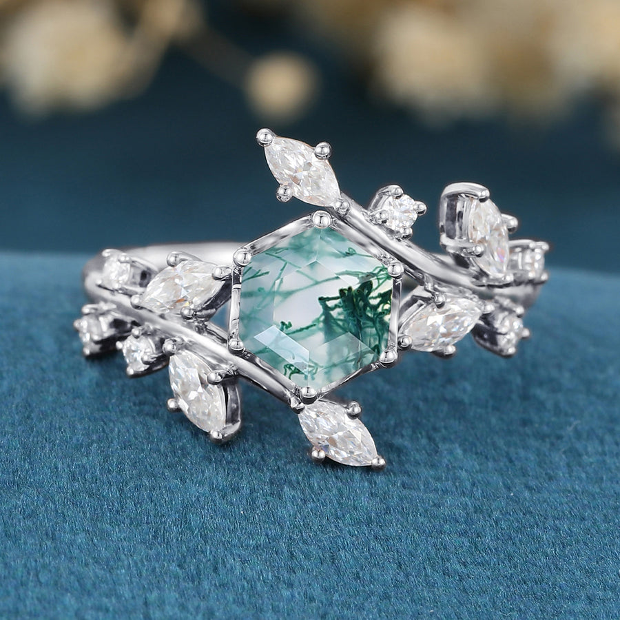 Nature Inspired Hexagon cut Moss Agate Engagement Ring