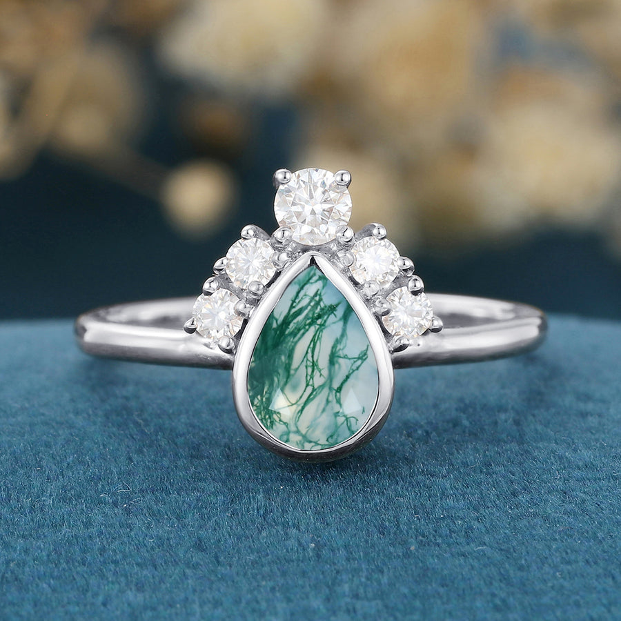 Bezel setting Pear cut Moss Agate Halo Moissanite | Diamonds Gold Engagement Ring