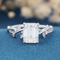 Nature Inspired Emerald cut Moissanite Leaf Gold ring set