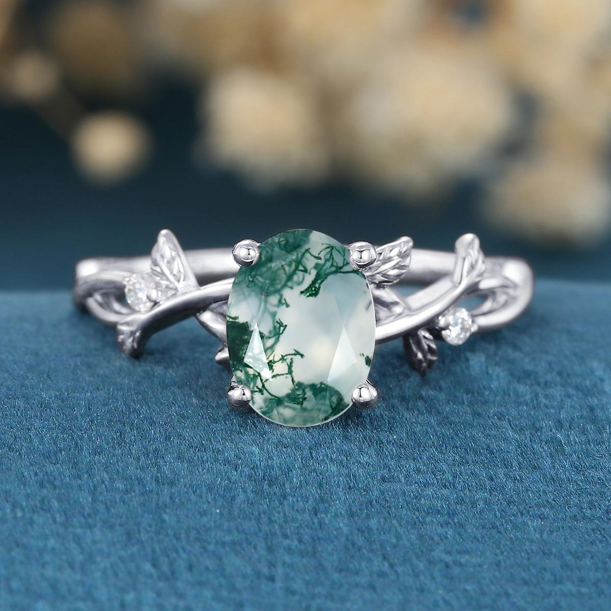 Nature Inspired Oval cut Moss Agate Leaf Gold Engagement Ring