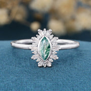 Bezel setting Marquise cut Moss Agate Halo Moissanite | Diamond Gold Engagement Ring