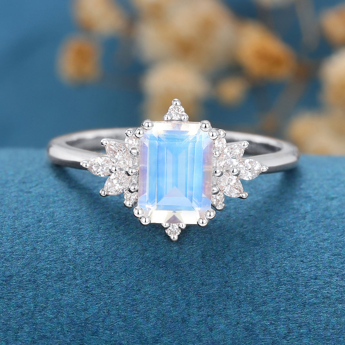 Emerald cut Moonstone Cluster Engagement ring – FYMJewelryDesign