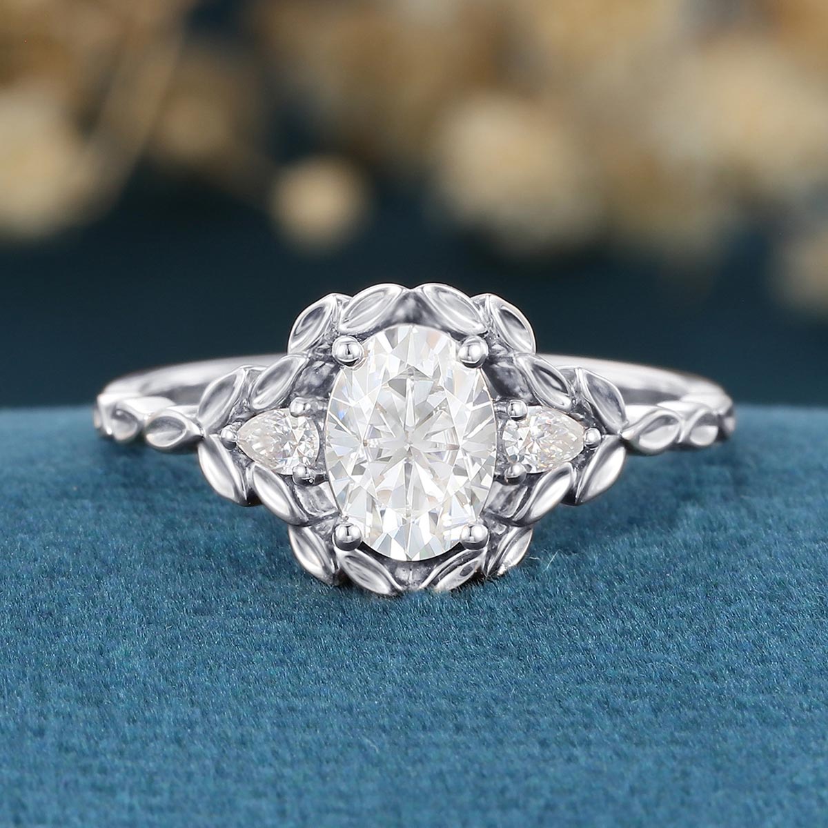 Nature Inspired Round cut Moissanite Leaf Gold Engagement Ring