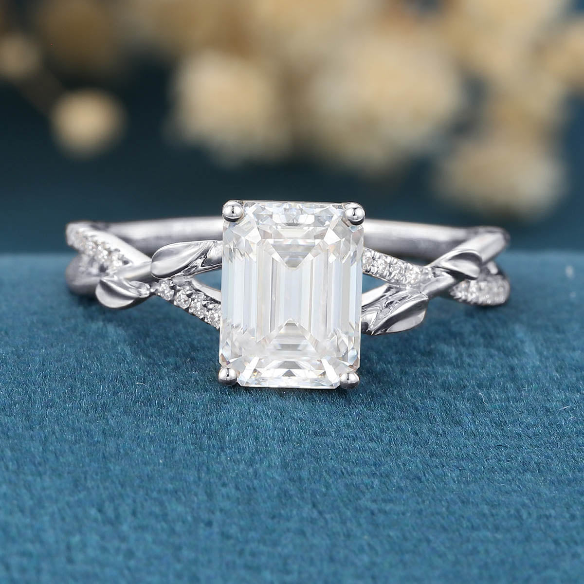 Nature Inspired Emerald cut Moissanite Leaf Gold Engagement Ring