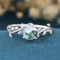 Nature Inspired Round cut Moss Agate Leaf Gold Engagement Ring