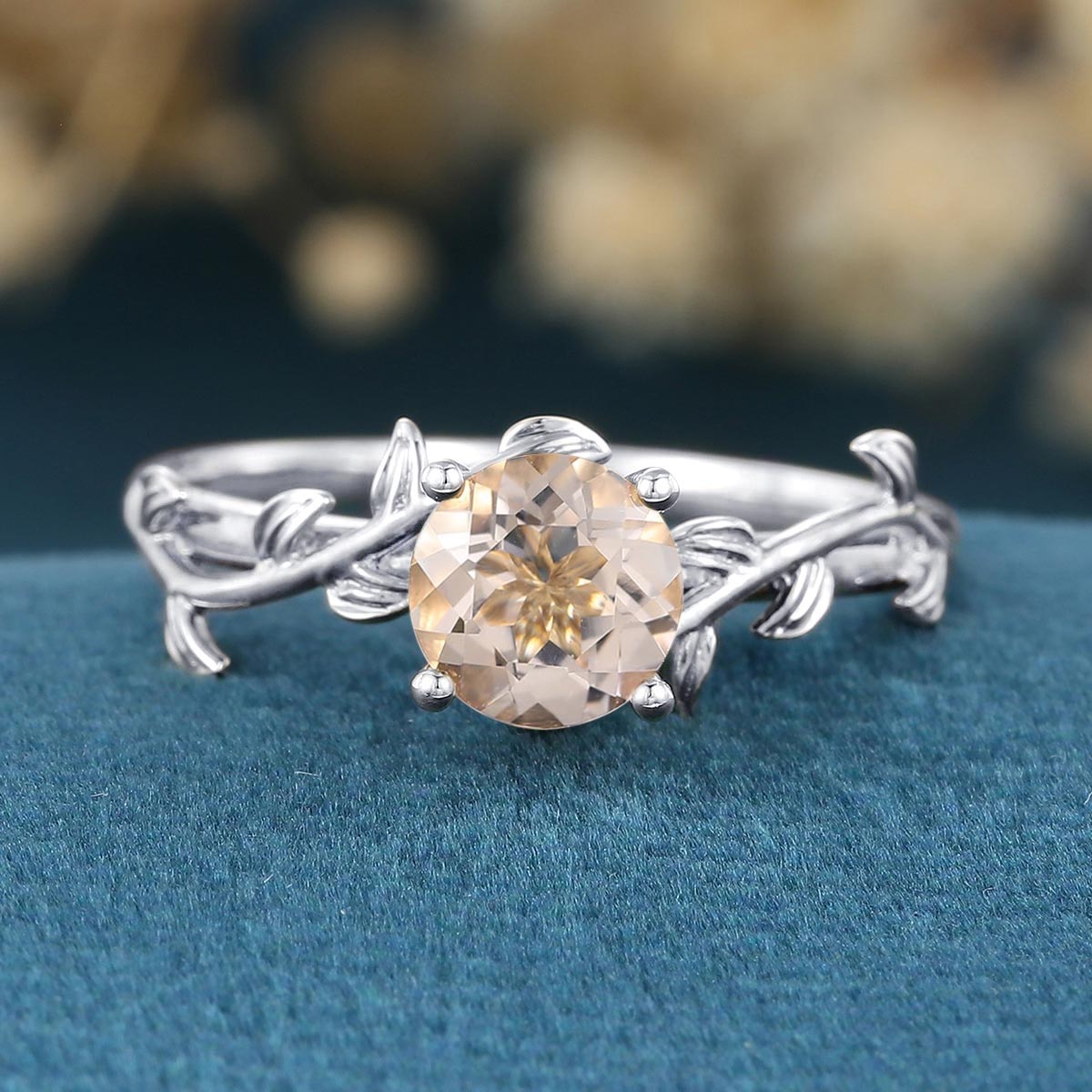 Nature Inspired Round cut Morganite Leaf Gold Engagement Ring