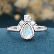 Bezel setting Pear cut Moonstone Halo Moissanite | Diamonds Gold Engagement Ring