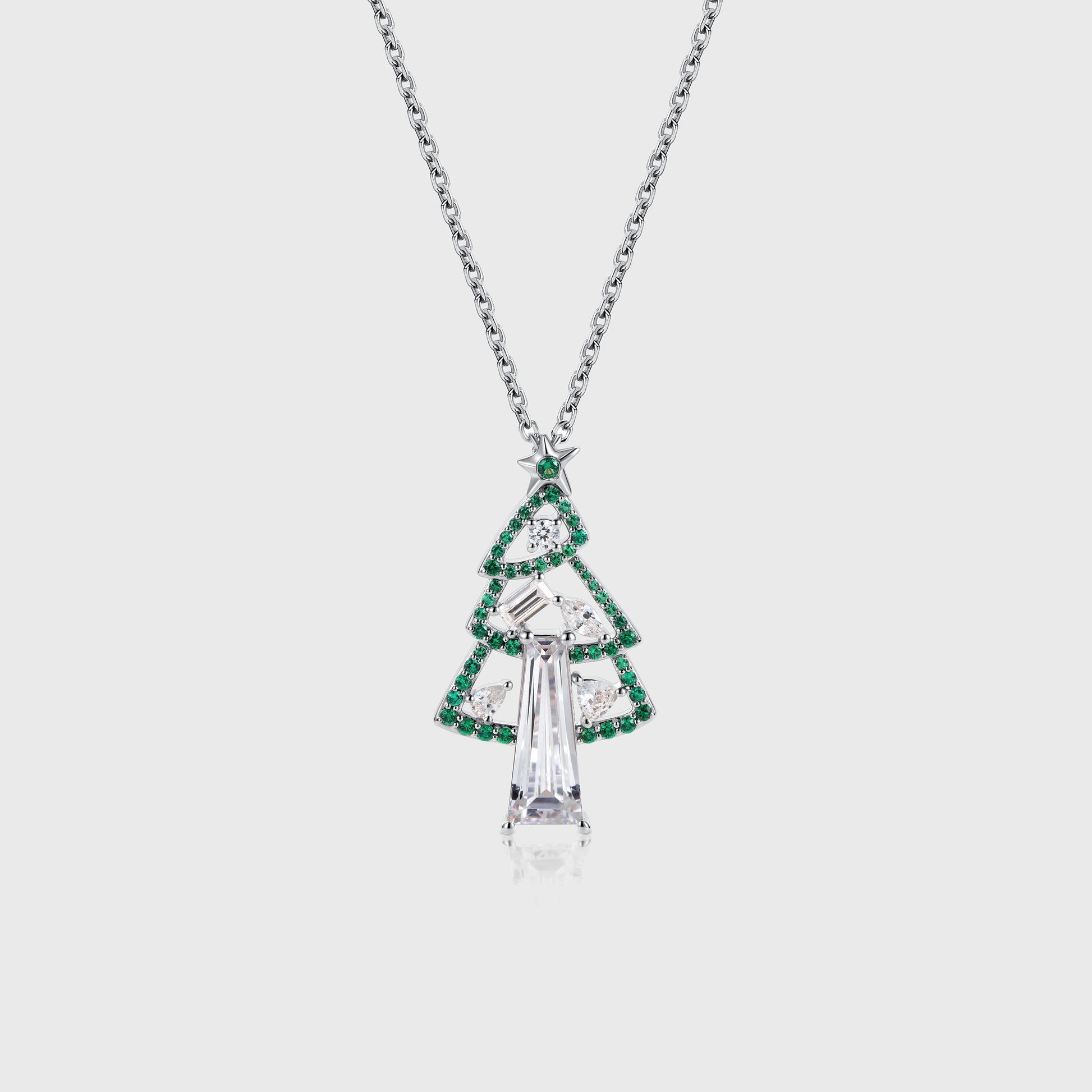 Christmas Tree Pendant Necklace with Moissanite + Lab Emerald Halo Accents