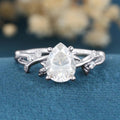 Nature Inspired Pear cut Moissanite Leaf Gold Engagement Ring