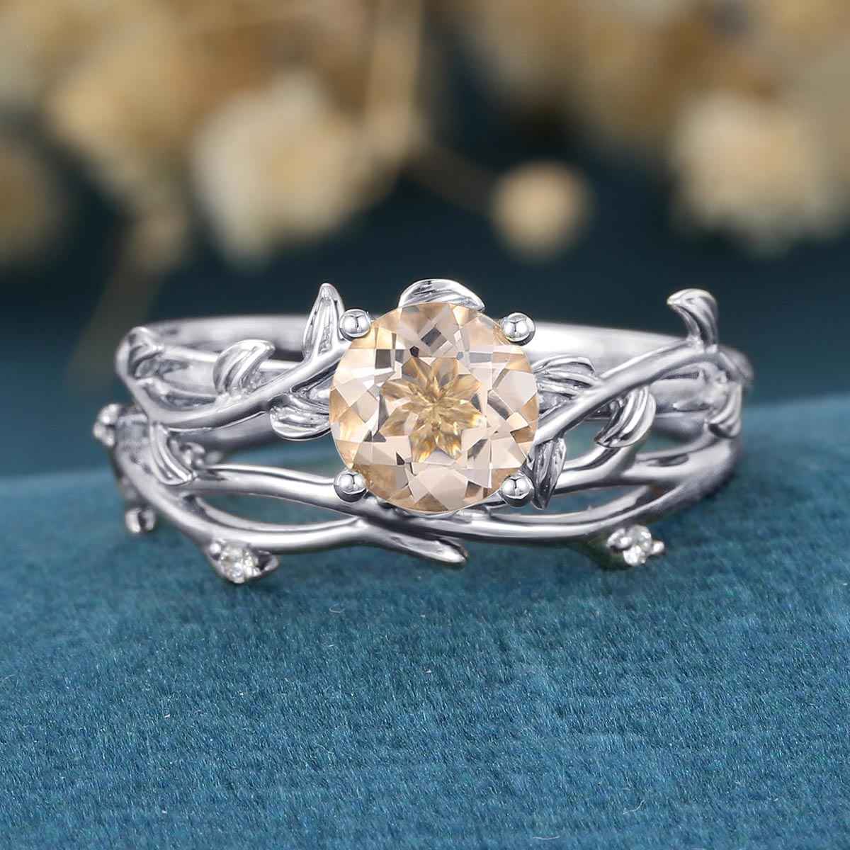 Nature Inspired Round cut Morganite Leaf Gold ring set