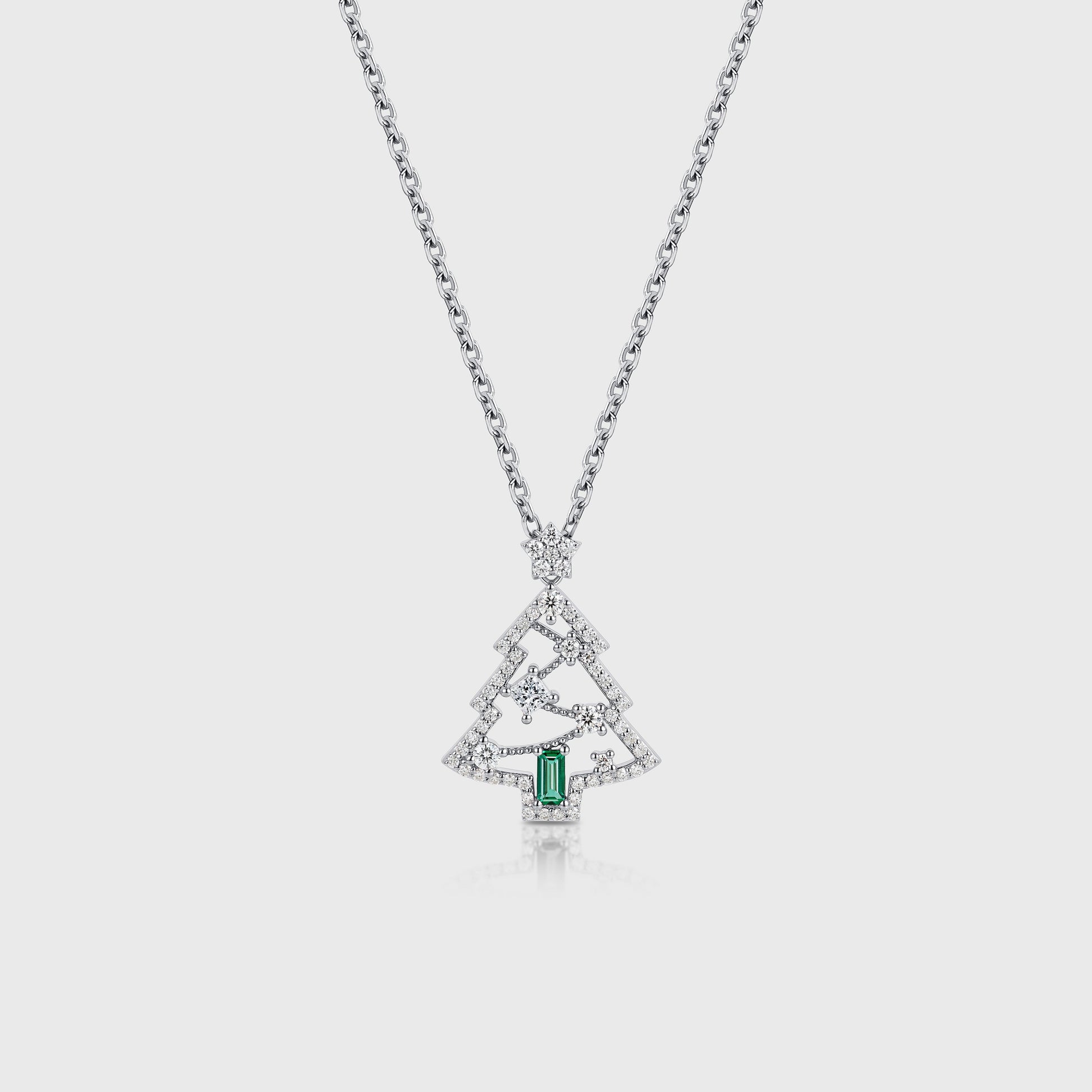 Christmas Tree Lab Emerald Pendant Necklace with Moissanite Halo Accents