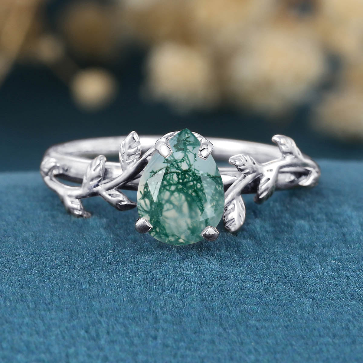 Nature Inspired Pear cut Moss Agate Leaf Gold Engagement Ring