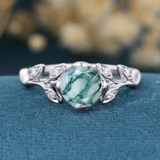 Nature Inspired Round cut Moss Agate Leaf Gold Engagement Ring