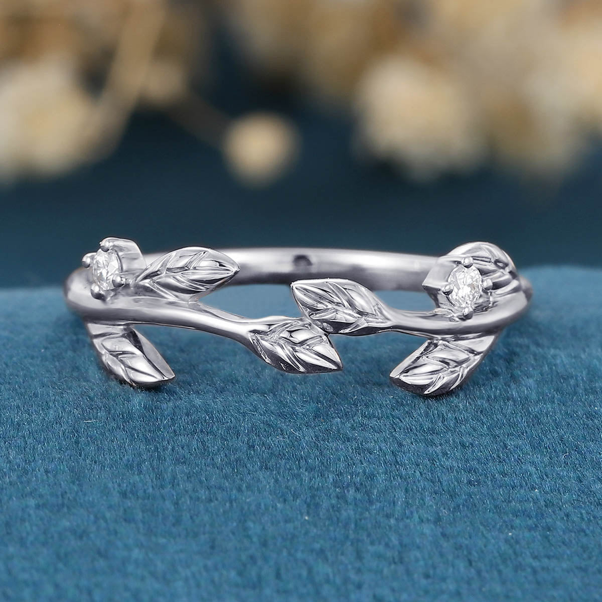 Nature Inspired moissanite | Diamonds Leaf branch stacking wedding ring