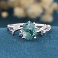 Nature Inspired Pear cut Moss Agate Leaf Gold Engagement Ring