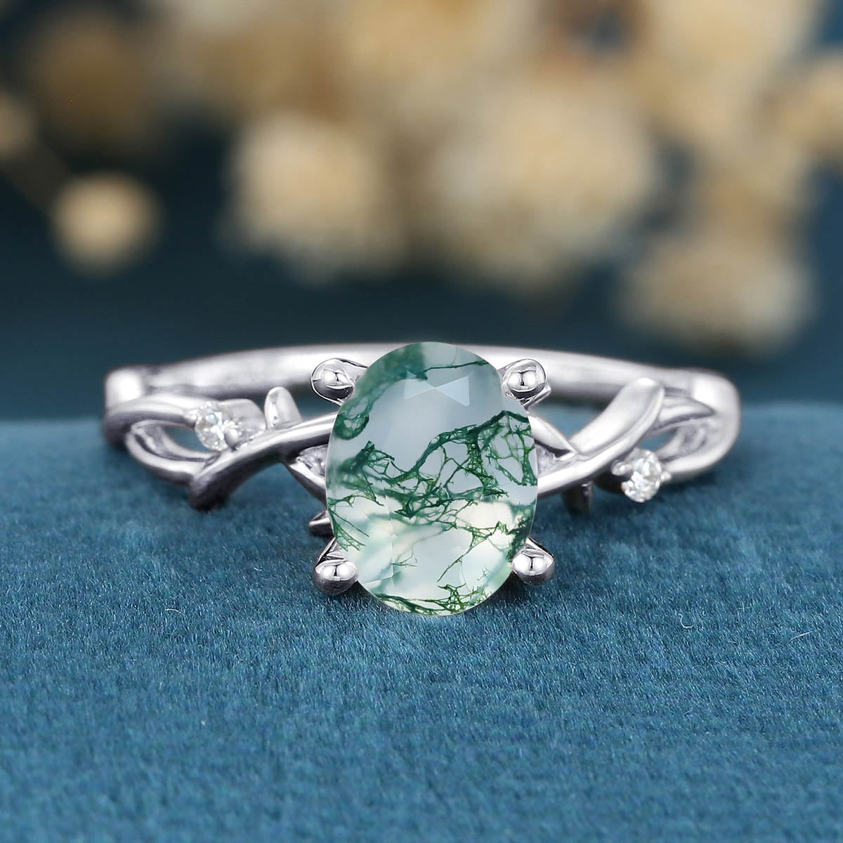 Nature Inspired Oval cut Moss Agate Leaf Gold Engagement Ring