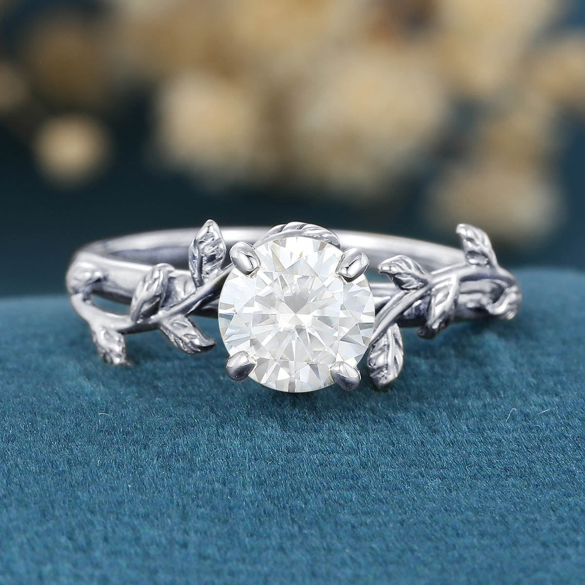 Nature Inspired Round cut Moissanite Leaf Gold Engagement Ring