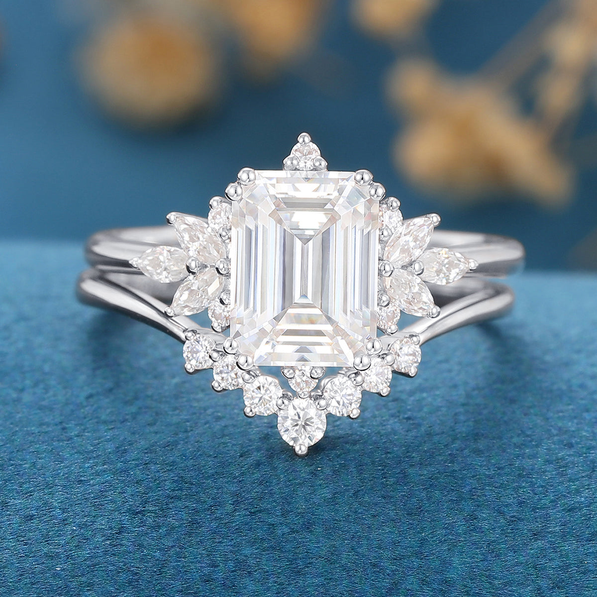 Emerald cut Moissanite Cluster Engagement ring Bridal Set