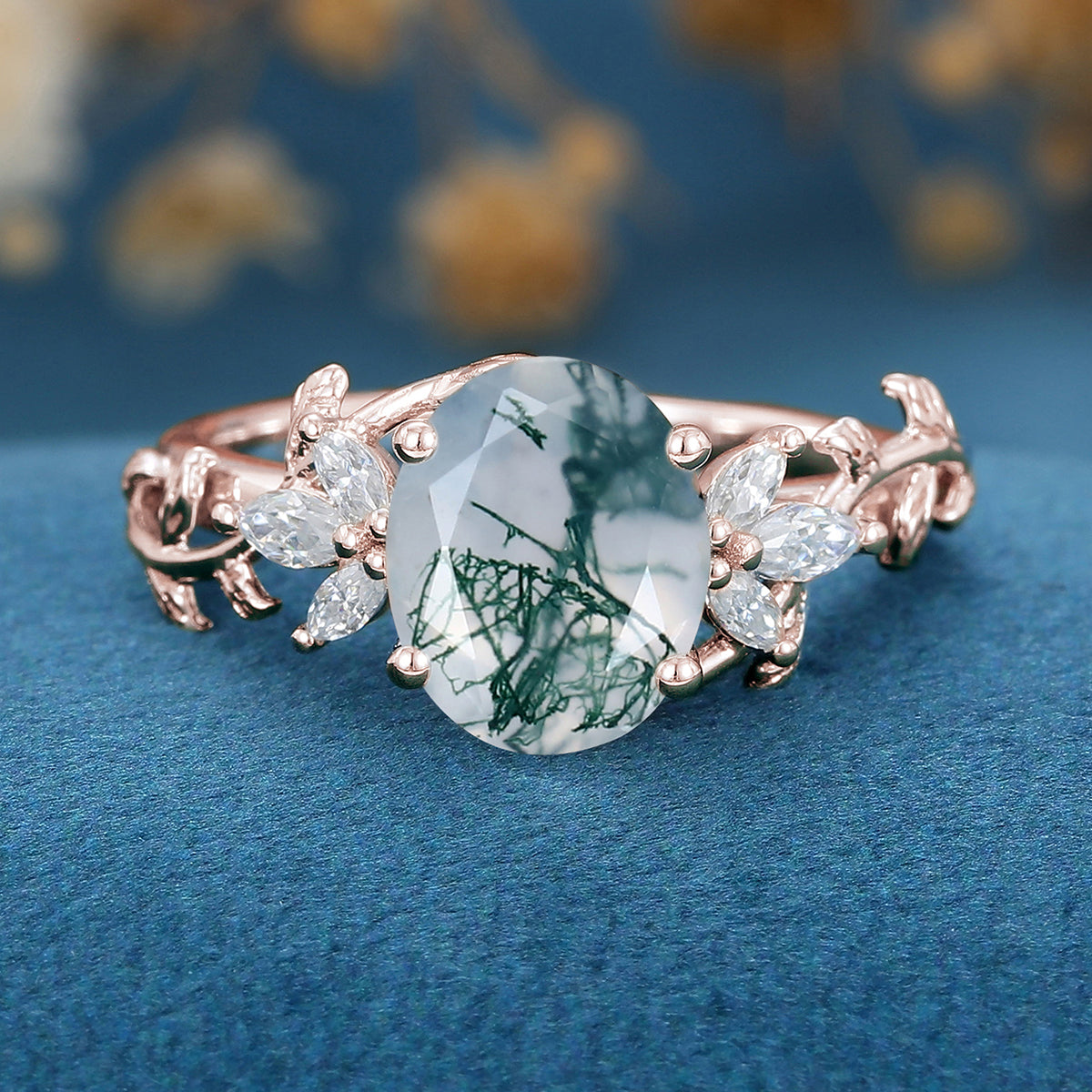 3Carat Natural Moss Agate Oval cut cluster Engagement Ring