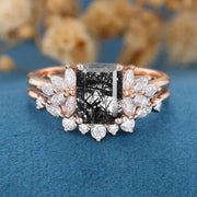 Emerald cut Black Rutilated Quartz Engagement ring Bridal Set