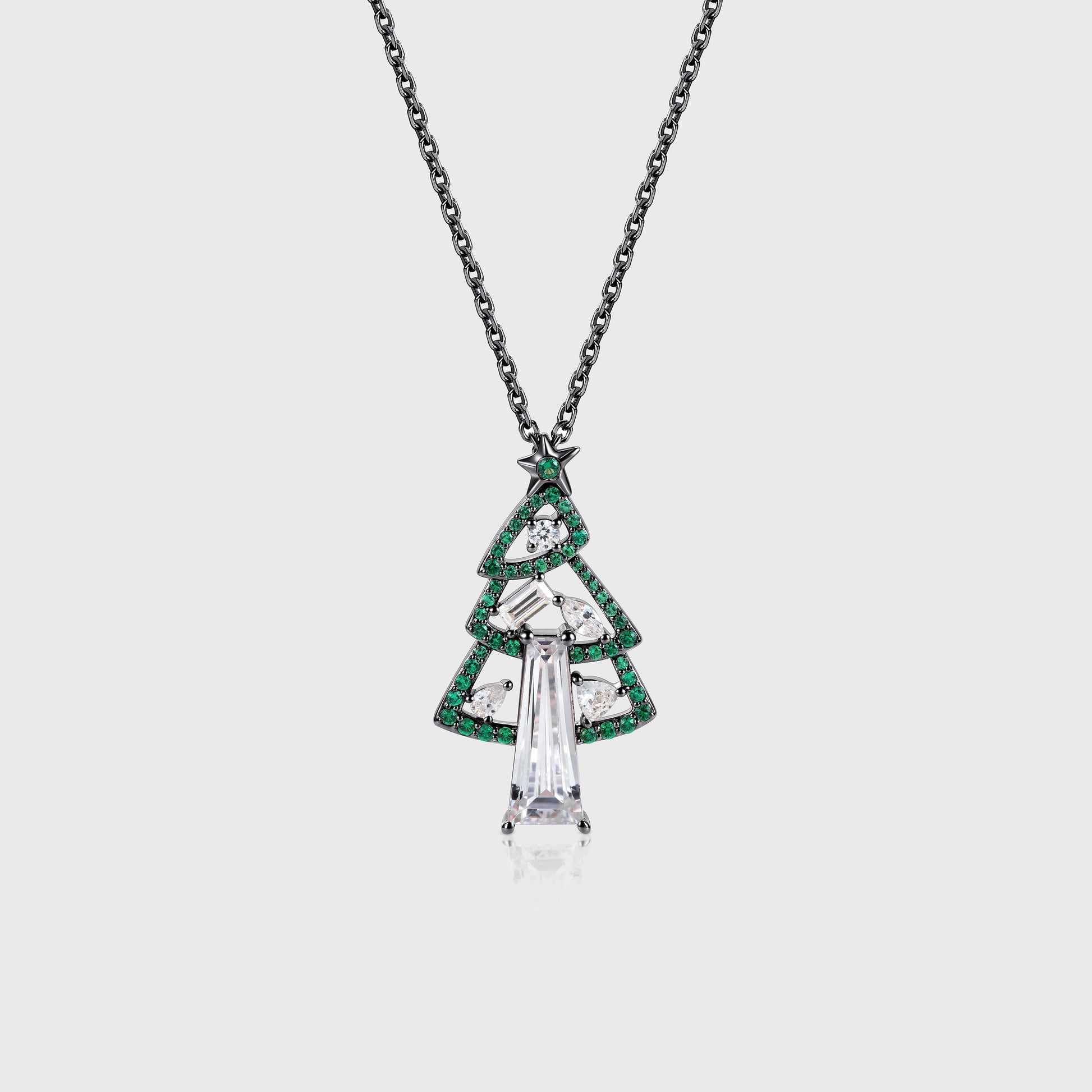 Christmas Tree Pendant Necklace with Moissanite + Lab Emerald Halo Accents