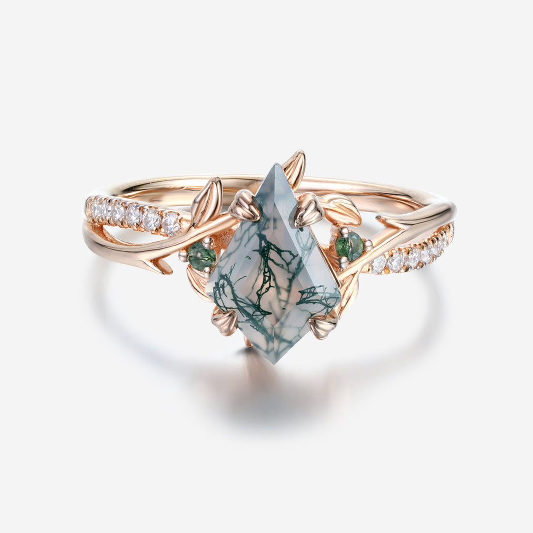 Nature Inspired Kite cut Moss Agate Gold Engagement Ring