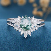 Moss Agate Natural Green Pear cut Cluster Engagement ring Bridal Sets