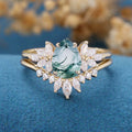 Moss Agate Natural Green Pear cut Cluster Engagement ring Bridal Sets