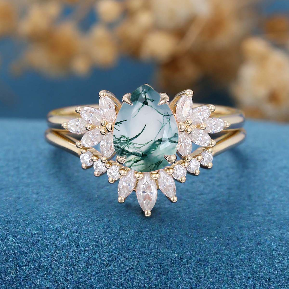 Moss Agate Natural Green Pear cut Cluster Engagement ring Bridal Sets