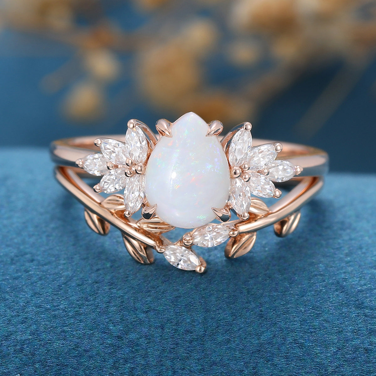 Pear cut Opal Cluster Engagement ring Bridal Set