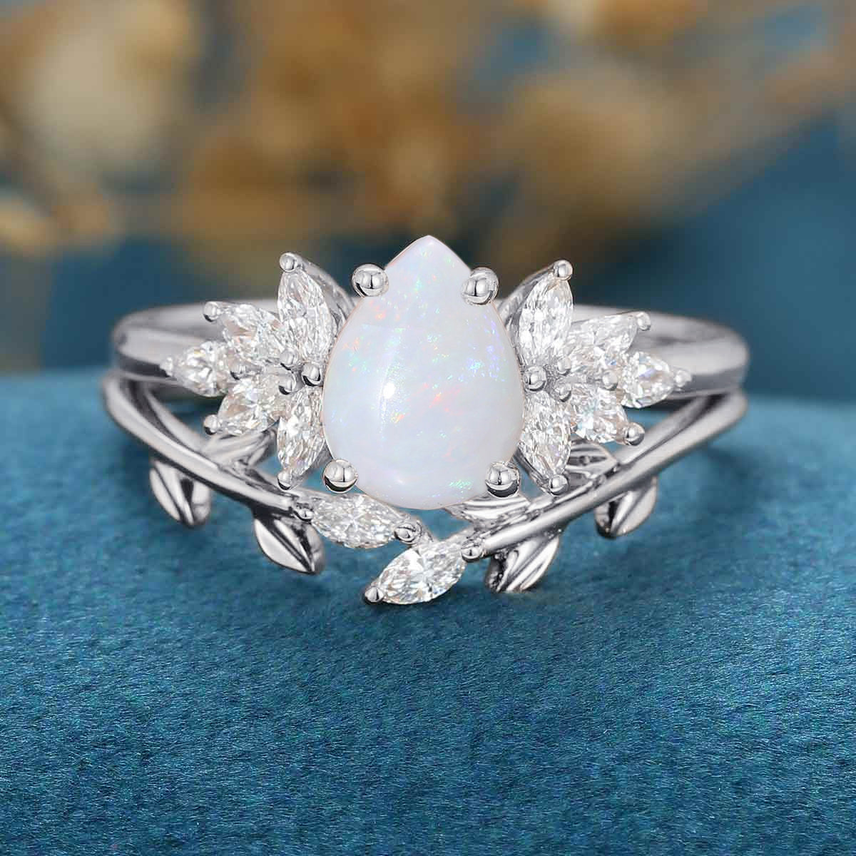 Pear cut Opal Cluster Engagement ring Bridal Set