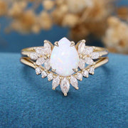 Pear cut Opal Cluster  Engagement ring Bridal Set