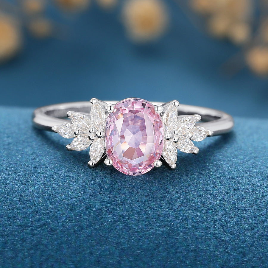Oval cut Pink Sapphire Cluster Engagement ring