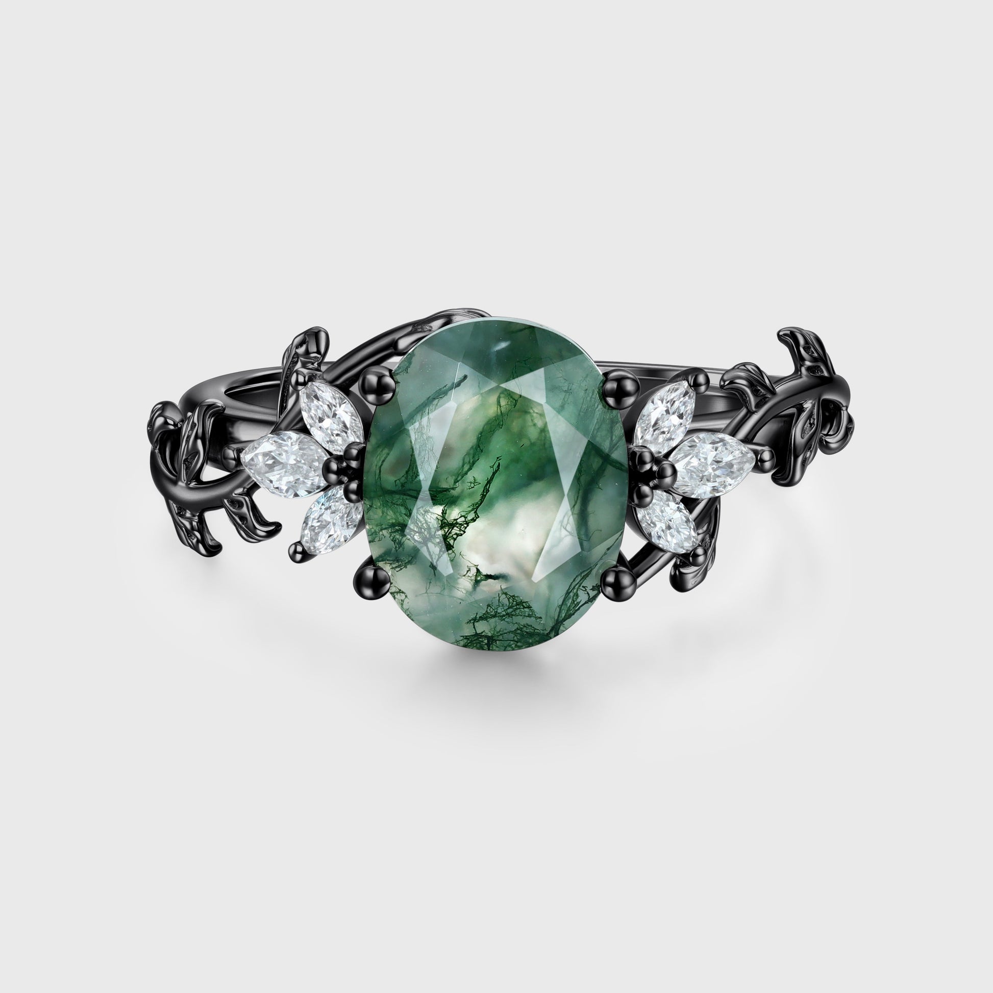 Natural Moss Agate Oval cut cluster Engagement Ring