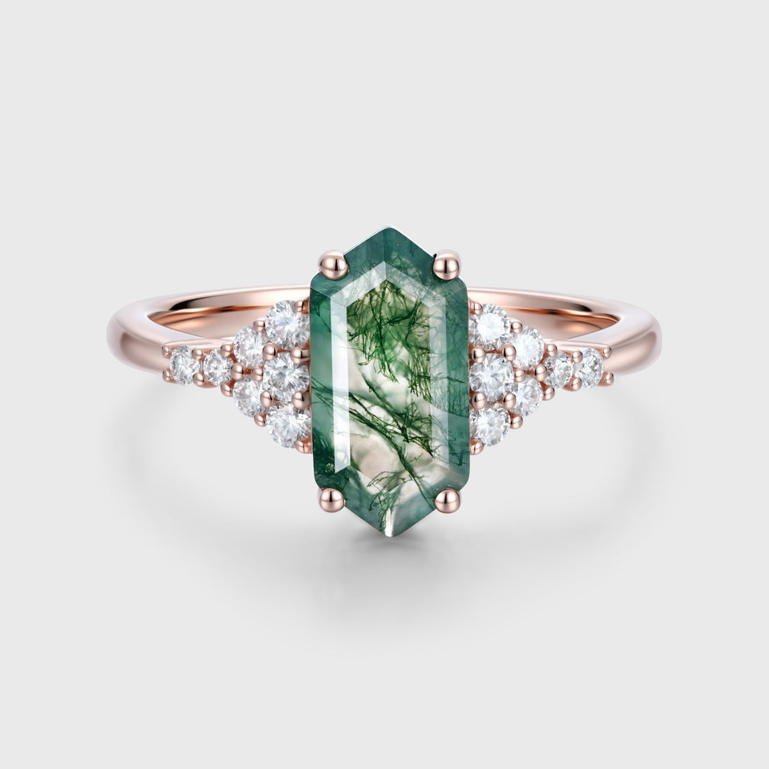 Long Hexagon cut Moss Agate Matching Moissanite | Diamonds Gold Engagement Ring