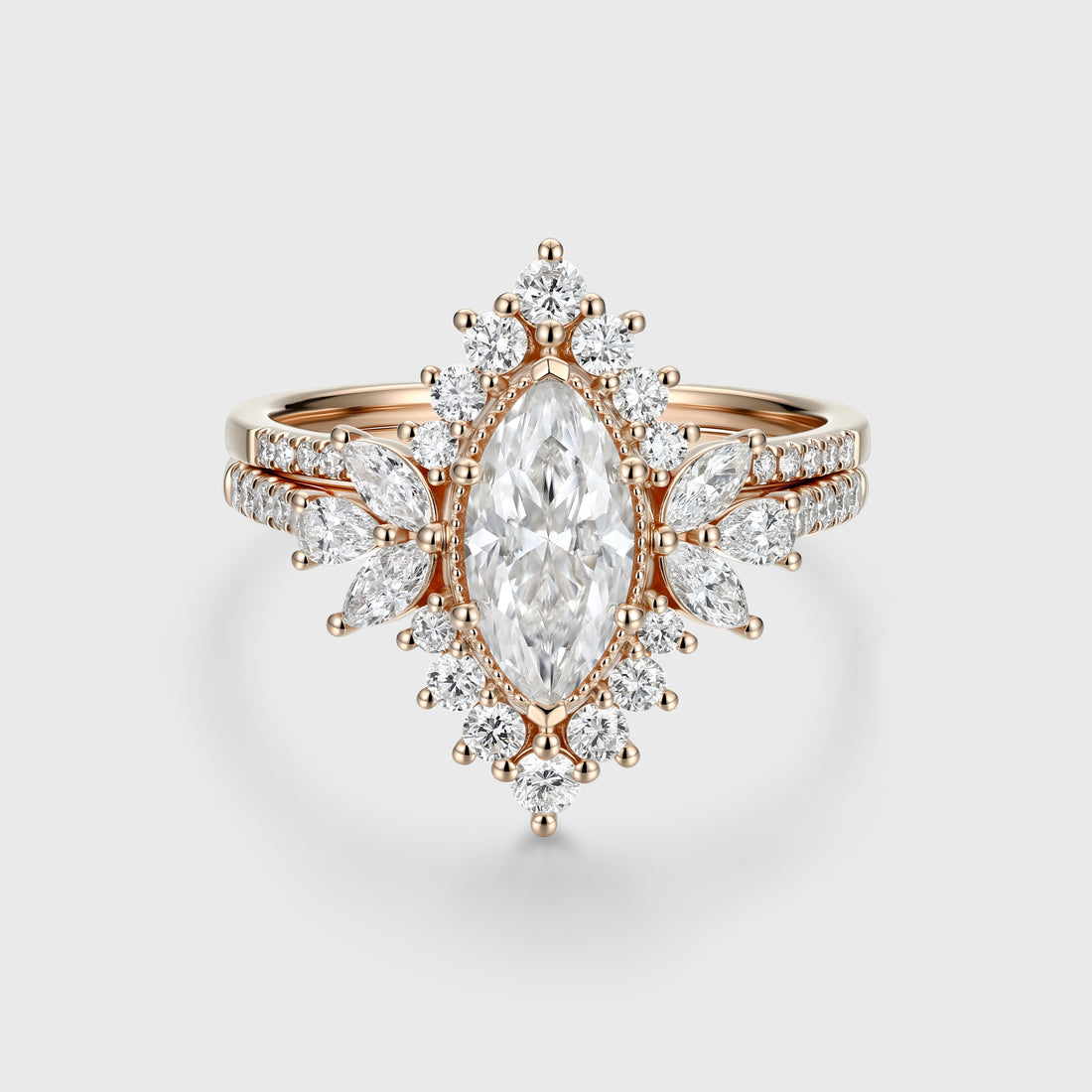 1 Carat Marquise cut Moissanite Halo Cluster Engagement Ring Bridal Set