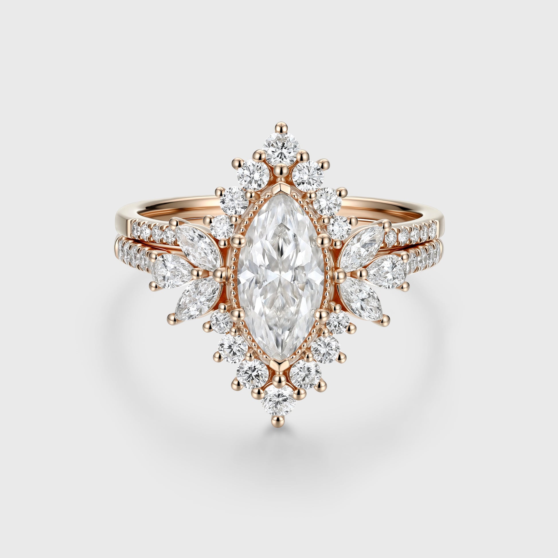 1 Carat Marquise cut Moissanite Halo Cluster Engagement Ring Bridal Set