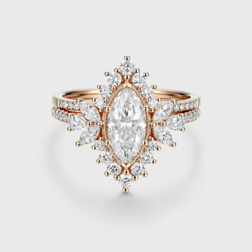 1 Carat Marquise cut Moissanite Halo Cluster Engagement Ring Bridal Set
