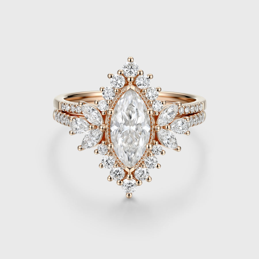 1 Carat Marquise cut Moissanite Halo Cluster Engagement Ring Bridal Set