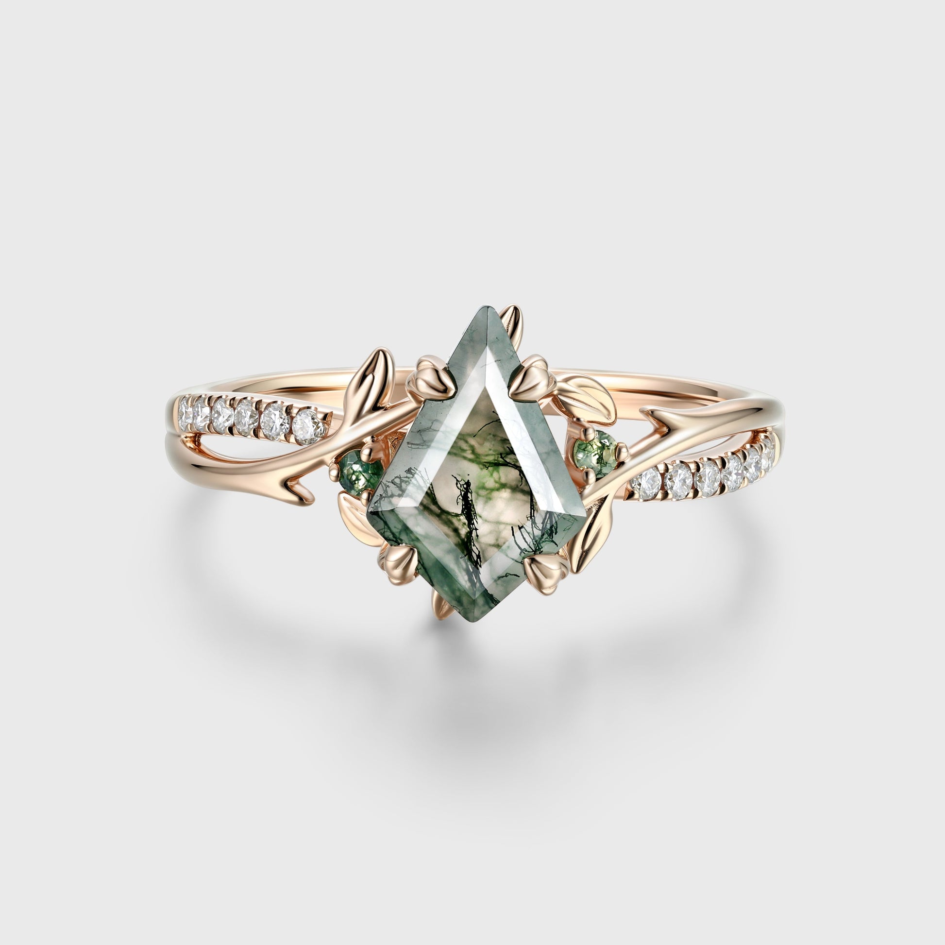 Nature Inspired Kite cut Moss Agate Gold Engagement Ring