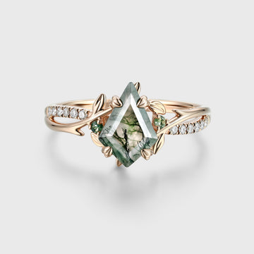 Nature Inspired Kite cut Moss Agate Gold Engagement Ring