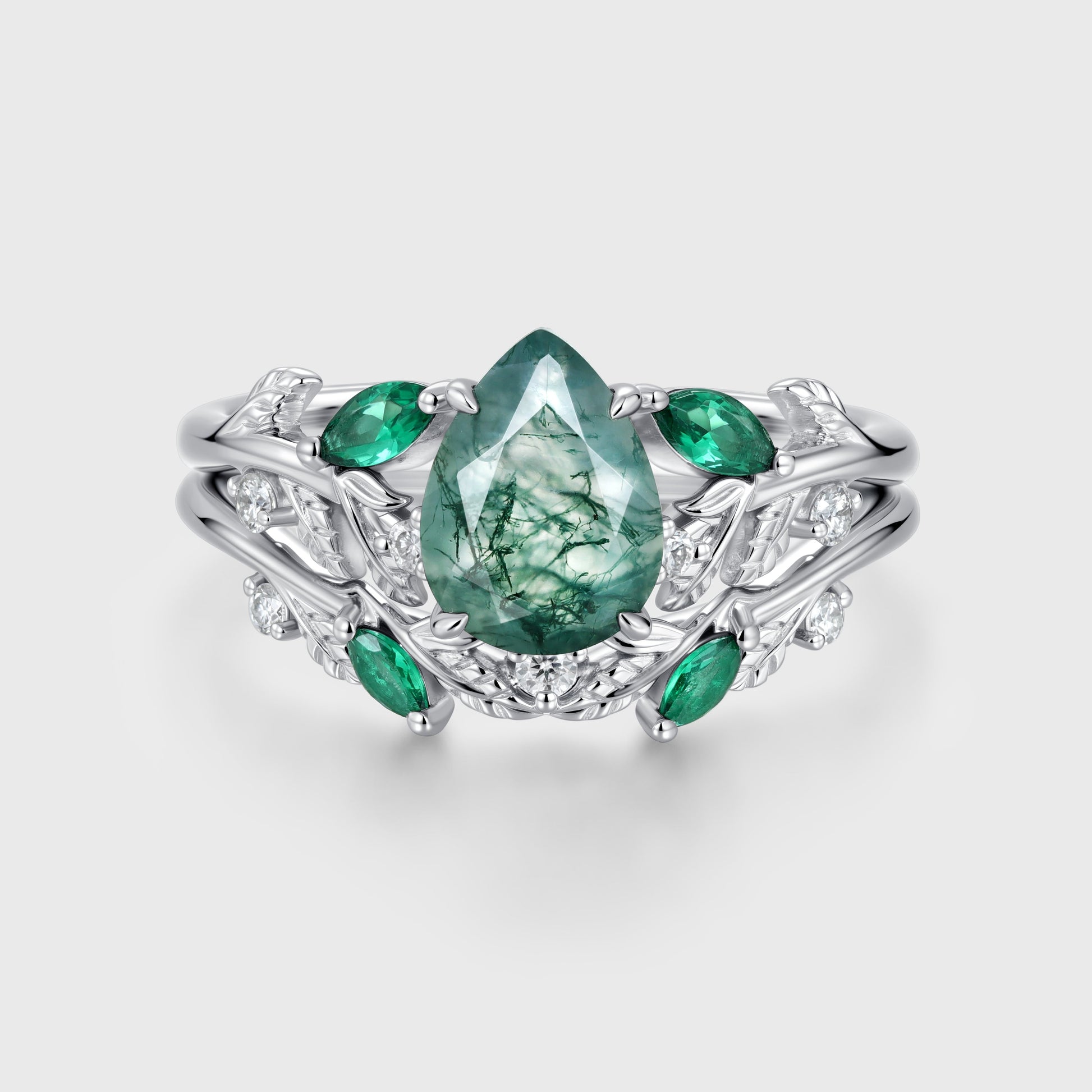 Pear cut Moss Agate Engagement ring + Lab Emerald Curved Wedding bridal set