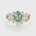 Nature Inspired Pear cut Moss Agate Leaf Gold Wedding bridal set