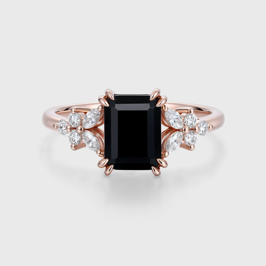 1.7Carat Emerald cut Black Onyx Cluster Engagement Ring